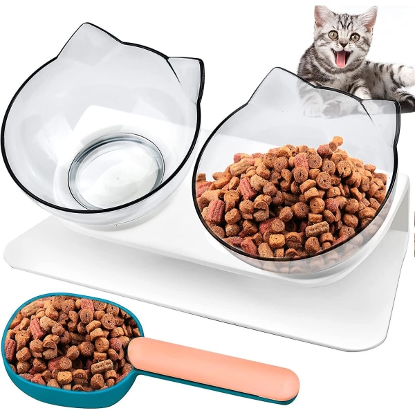 Förhöjd kattskål, dubbelskål med 15 lutning för katter och små hundar med halkfri basmatare och drickskål.