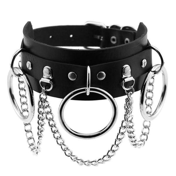 Leather Choker Metal Ring Chain Necklace, Adjustable Punk Collar Chain, Sexy Soft Pu Leather Choker Necklace - Black