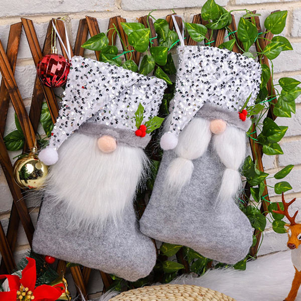 Julstrumpa med paljetter, tomteluva, mustasch/fläta, hängande julgransdekoration, presentpåse (E)