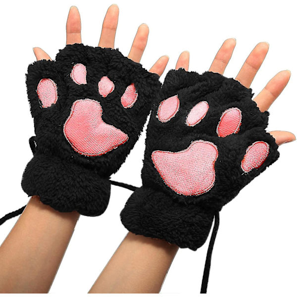Vinterhandskar för kvinnor, mjuka plyschhandskar med kattpåtassar, fingerlösa (svart) N