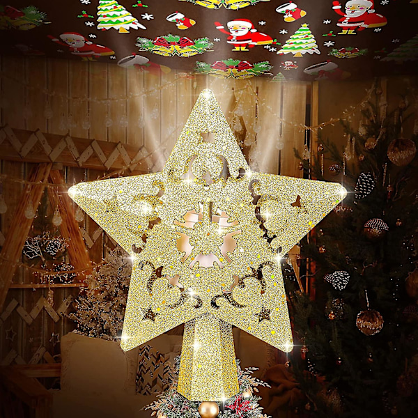 Christmas Tree Topper. Gold Star Christmas Tree Topper Lighted With 3d Rotating Santa.led Hollow