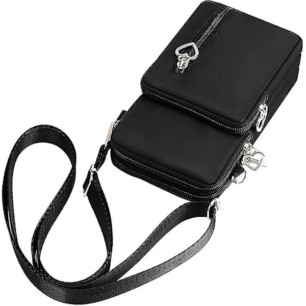 Kvinder Cross Body Telefon Taske Damer Over Shoulder Tasker 3 Lag Mobiltelefon Taske Pung Nylon Tegnebog til Kvinder Håndtasker, Sort