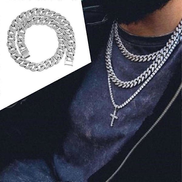 3x Kubansk Kedja Lyx Bling Tungt Belagd Strass Stark Party Män Silver