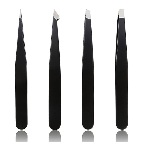 Pinsettsett - 4 stykker skrå og spiss pinsett i rustfritt stål (svart)