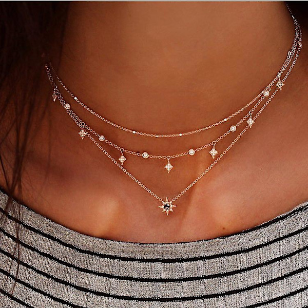 Bohemia Lagdelt Choker Halskjede Stjerne Og Måne Halskjede Stjerne Choker Rhinestone Stjerne Måne Charm Anheng Halskjede Flerlags Halskjeder For Kvinner Og Jente