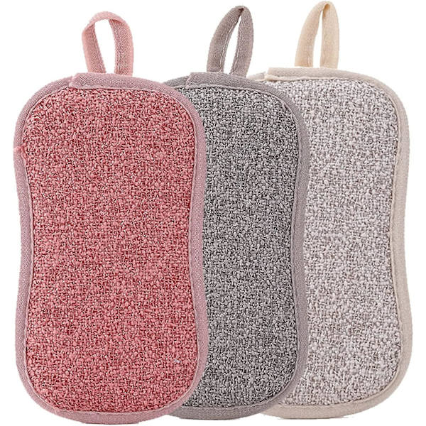 Kit med 3 mikrofiber svamp tvättbar återanvändbar diskborste - dubbelsidig skrubbborste - kök badrum trasa (h)