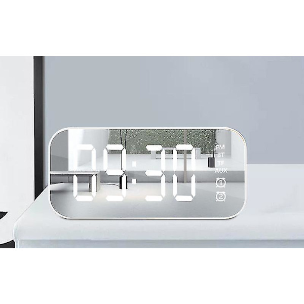 Led-spegelskärm Alarmklocka Klocka Bord Digital Klocka Despertador Trådlös Bluetooth 5.0 Mp3 Hifi-högtalare-Vit