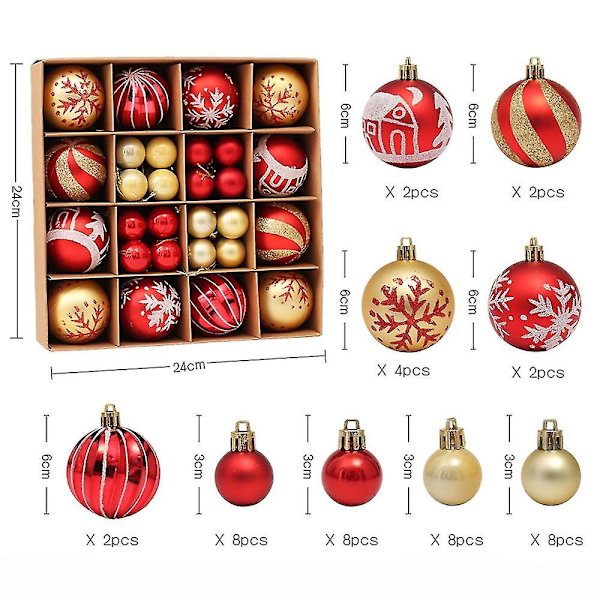Julgranskulor Set, 44 Stycken Plastjulgranskulor Set, Julgransdekoration Guld Röd