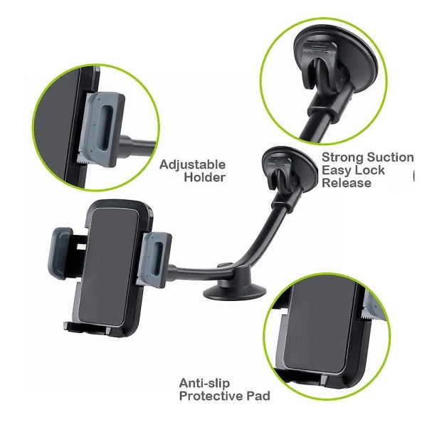 Universalholder for biltelefonfeste, frontrute langarms mobiltelefonholder kompatibel med Iphone 8/x/7/6s/6 Plus/5s/5, Samsung Galaxy S6 S5, Nexus 5x/6p