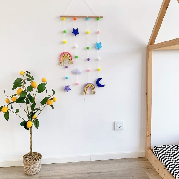 Macrame Rainbow Väggupphängning för barnrum, Rainbow Hanging Photo Display med Pom Pom bollar, trä