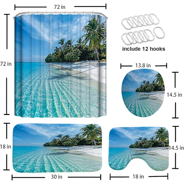 Sommartema Strand Duschdraperi Set, Vattentät och Vindtät Kokosnöt Strand Duschdraperi och Mattset för Badrum, Toalettlock och Badmatta wi