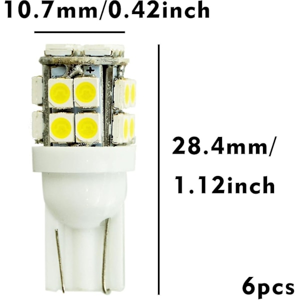 T10 501 W5w LED-sidoljuslampa 6-pack, 12v 3528 20smd 500lm 6500k lampa för registreringsskylt instrumentbräda markörlampa