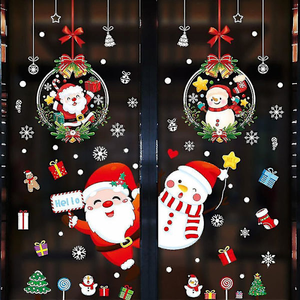 Jul Fönsterklistermärken, Juldekaler Dubbelsidigt Tryckt Självhäftande Fönsterdekorationer, Tomten, Älg, Snögubbe, Julgran Och Snöflingor