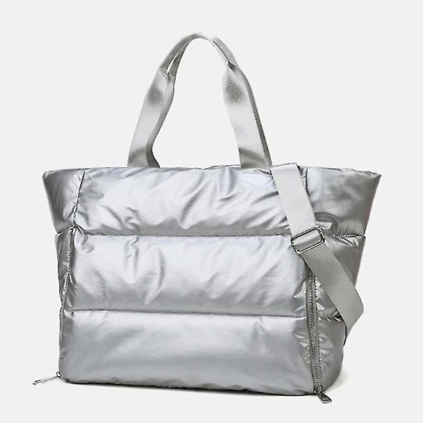 Vinter Fluffy Vadderad Damväska Stor Quiltad Shopper Bag Dam Nylon Shoulder Casual Bag (silver)