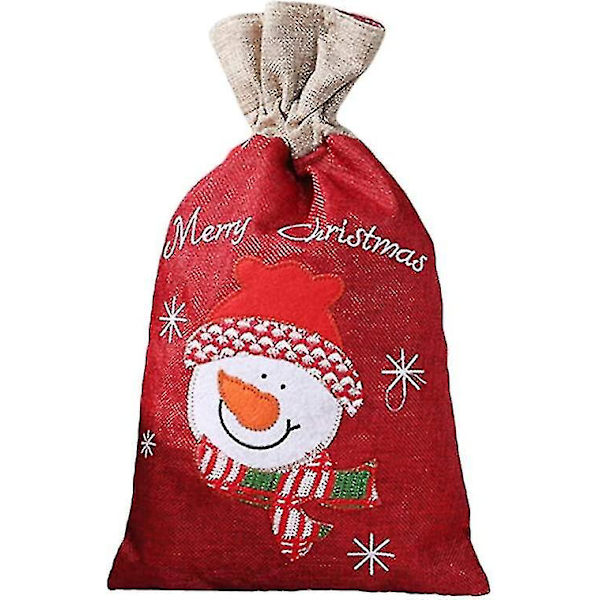 Jultomte-säckar i linne med snögubbe-mönster, dragsko-påsar, julklappspåsar, festfavoriter, juldekorationer, 2-pack röda