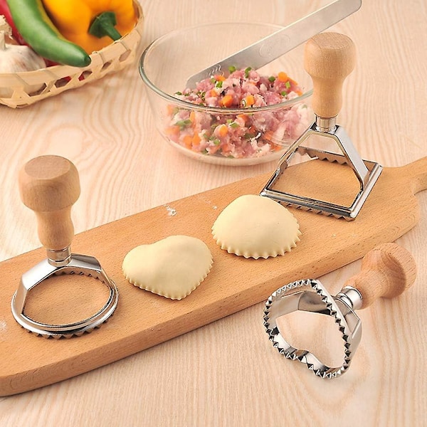 3 stk Ravioli Stempel Sæt, Ravioli Udstikkere Med Træhåndtag Og Rillet Kant Dej Udstikker Dumpling Maker Til Fremstilling Af Ravioli, Empanadillas Eller Cookies