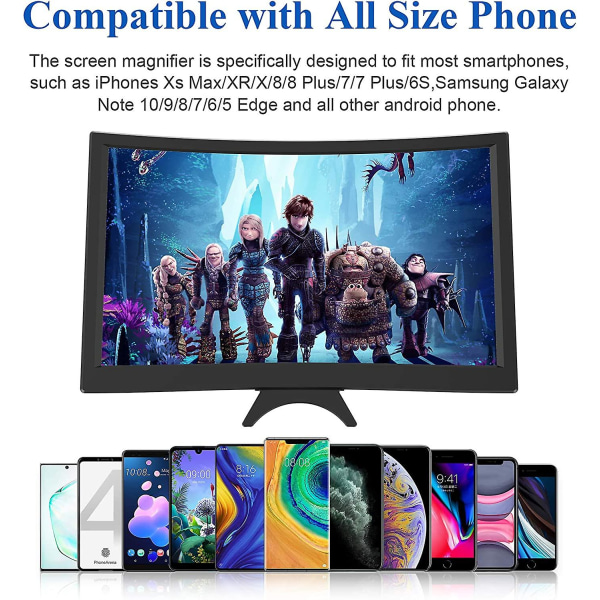 12" buet skjermforstørrelsesglass for mobiltelefon -3d HD-forstørrer projektor skjermforstørrer for filmer, videoer og spill Sammenleggbar telefonstativholder med