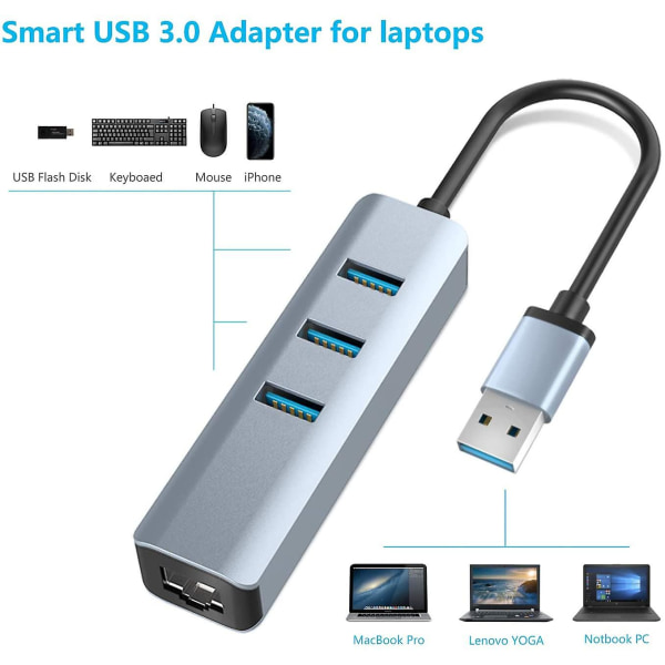 Usb 3.0 til Ethernet-adapter, 3-porters Usb 3.0-hub med Rj45 10/100/1000 Gigabit Ethernet-adapter Støtte Windows 10,8.1, mac Os, Surface Pro, linux, krom