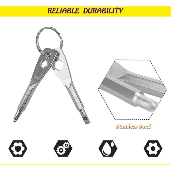 2 deler nøkkelring skrutrekkerverktøy, mini multifunksjonelt lommeverktøy, 2 i 1 flatt hode og krysshode skrutrekkerverktøysett (svart, sølv)