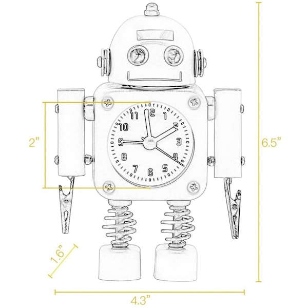 Oväntad Robot Väckarklocka Tillverkad av Rostfritt Stål - Väckarklocka med Blinkande Ögon och Hand (Gul)