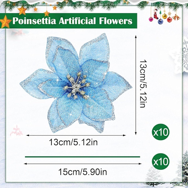 10 st konstgjorda julblommor, julglitter-julstjärneblommor prydnad, konstgjorda kransblommor till jul, blå