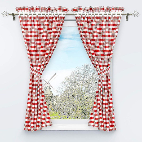 Set med 2 mörkläggningsgardiner perforerade med 2 rutiga fönsterdekorationer för interiör sovrum röd H/w 120/80cm