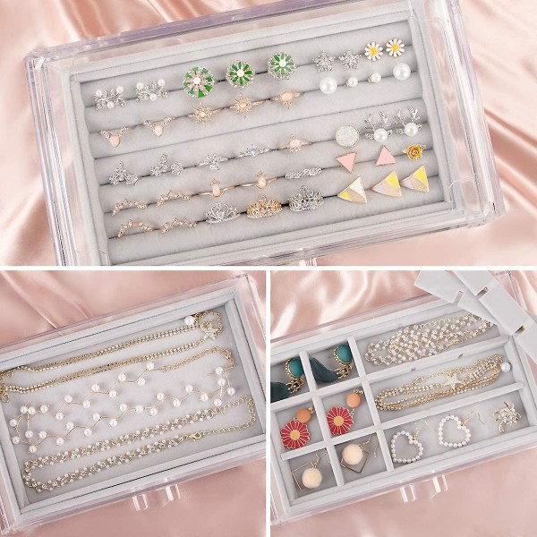 Genomskinlig förvaring av smycken - Smyckeskrin i akryl med 4 lådor och organizer i sammet