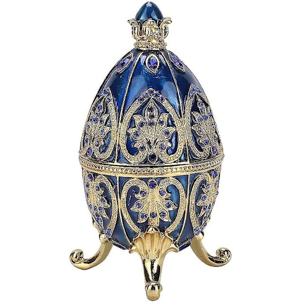 Handmålat Emaljerat Faberge Ägg Kunglig Stil Diamant Ägg Smyckeskrin för Halsband Armband Prydnadssak Heminredning Gåvor-D (blå)