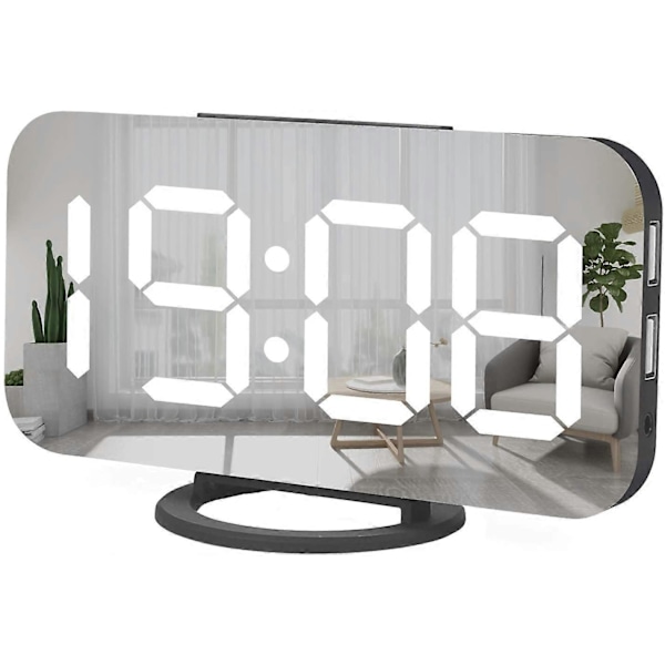 Digital väckarklocka, stor spegel LED-klocka, snooze, svagt nattljus, 2 USB-laddningsportar