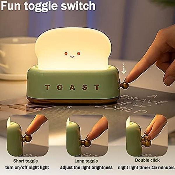 Sød Toast Lampe Brød Natlys Genopladelig, Bærbar Børns Toast Natlys Justerbar Lysstyrke Sengebordslampe, Grøn