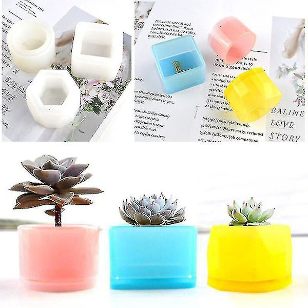 3 st silikon gjutform kristall epoxihartsform fyrkantig rund hexagonal blomkruka för gör-det-själv
