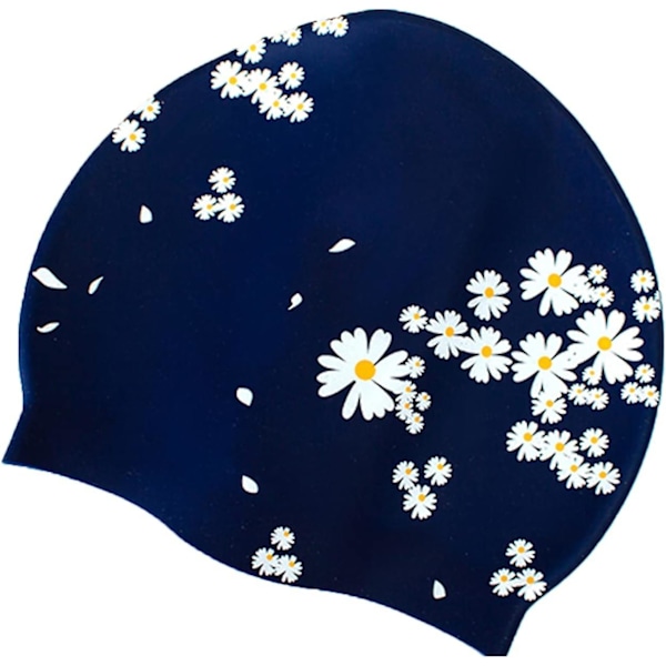 Kvinnor Flickor Silikon Simmössa, Vattentät Blommig Tryckt Långt Hår Simmössa(Marinblå)