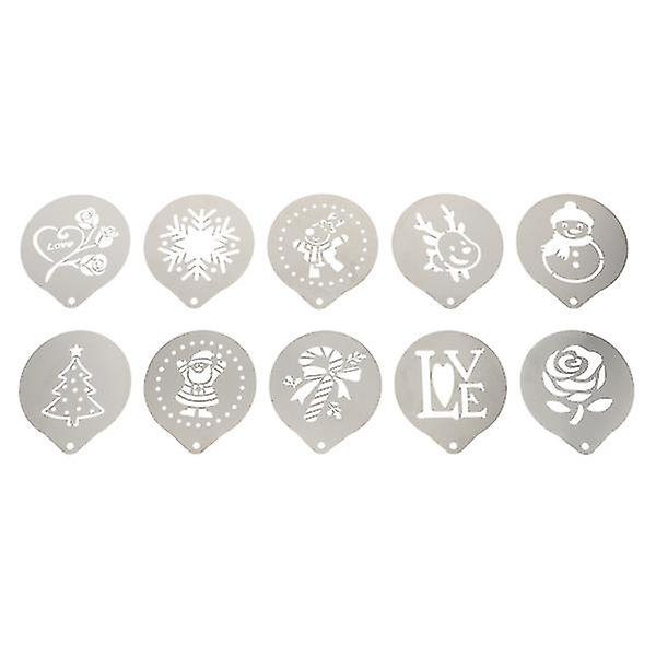 10 st rostfria kaffemallar för kaffekonst, julkaffemallar (silver)