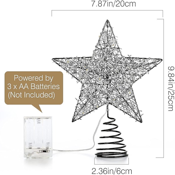 Stjärntopp till julgran. Batteridriven julstjärna med timer och dekorativ belysning med silverband. 20 LED