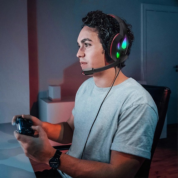 Gaming headset, on-ear med utbytbara LED-lampor, gaming headset för laptop - röd