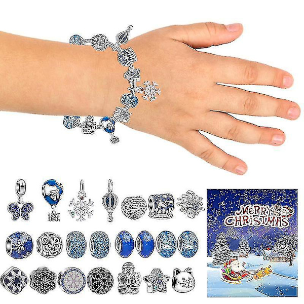 Julkalender 2024 - Armbandssats med Jultema i Blått för Flickor - 24 Dagar Julnedräkning med DIY (A)