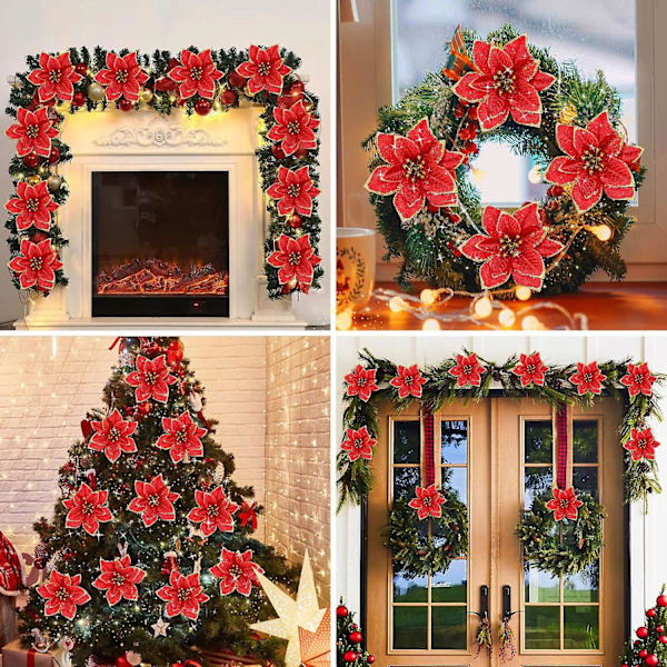 10 st konstgjorda julblommor, julglitter-julstjärneblommor prydnad, konstgjorda kransblommor till jul, röda