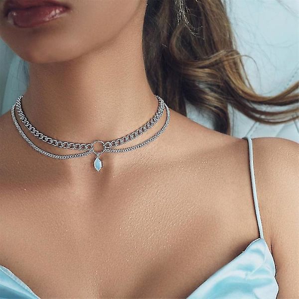 Halsband för kvinnor, flerlager, elegant, snygg choker för flickor, smyckesgåva, bleknar inte lätt (silver)