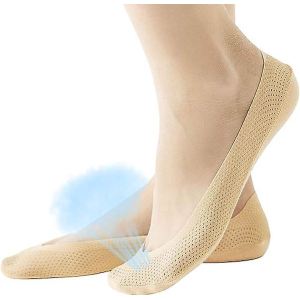 4 par låga No Show Liner-strumpor för kvinnor Andas Mesh Bomull Nylon Dolda Osynliga Strumpor Anti-halk för Båt Loafer Sneakers, 4 beige