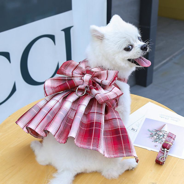 Hundhängselklänning med koppelset Rutig valpklänning för små och medelstora hundflickor Chihuahua Yorkshire Teacup Sommarklädsel för husdjur