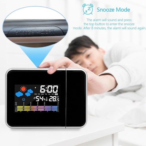 Projektionsväckarklocka, väderklocka sängbord med 180 projektor, LCD-digitalklocka med 12/24H för sovrum