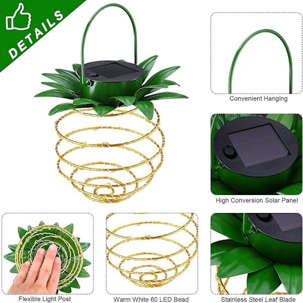 2-pack solcells drivna metall ananaslampor 60 LED ananas utomhus ljusslingor vattentät sol