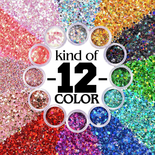 12 farver til festlig glitter til ansigt, krop og hår, intens glitter til festivaler og mere (10g*12stk)
