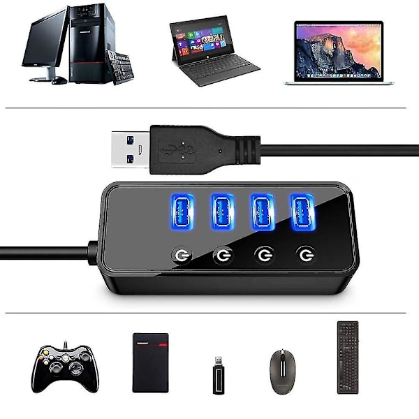 4-ports USB 3.0-hub med 4 USB 3.0-dataportar och 1 USB-smartladdningsport, USB-splitter med individuella på/av-brytare och 5V/3A strömadapter