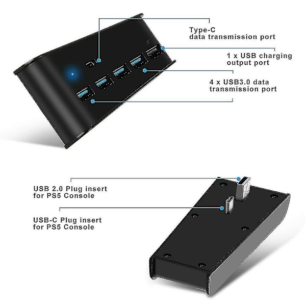 USB-hub Splitter Expander Adapter 5 USB A-porter 1 USB C-port for PS5 Playstation (Svart)