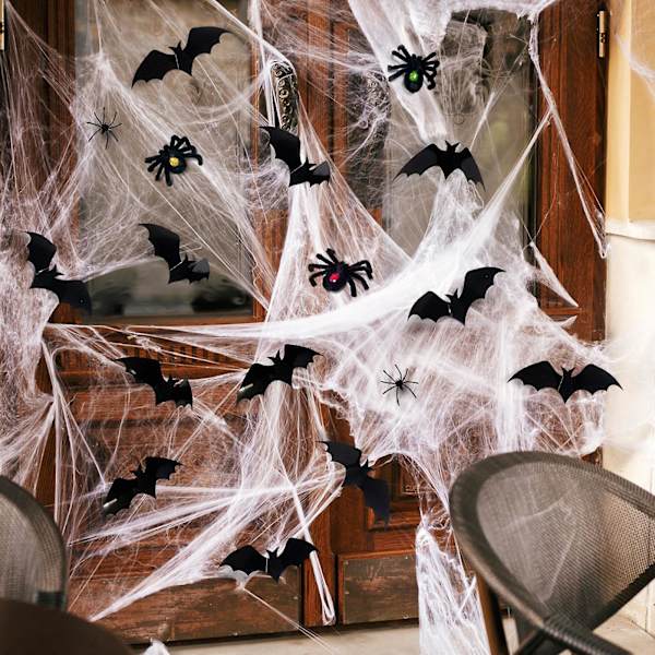 1 Set Halloween Spindelvävsdekoration Stor Stretchig Spindelväv med Läskiga Falska Spindlar Spökhusfesttillbehör (B)
