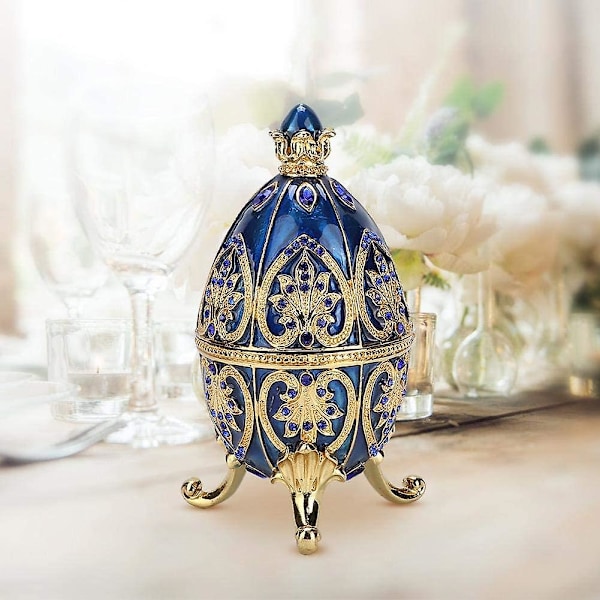 Handmålat Emaljerat Faberge Ägg Kunglig Stil Diamant Ägg Smyckeskrin för Halsband Armband Prydnadssak Heminredning Gåvor-D (blå)