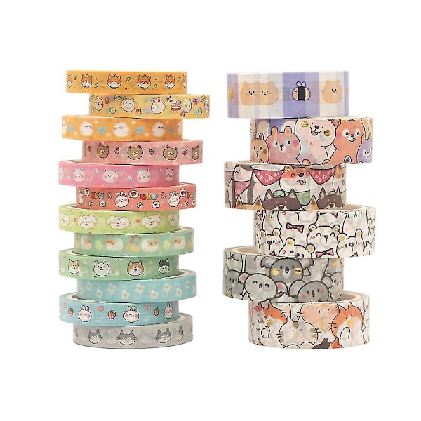 Kawaii Söta Cartoon Washi Tejp Set - 18 Rullar Tunn Djur Guld