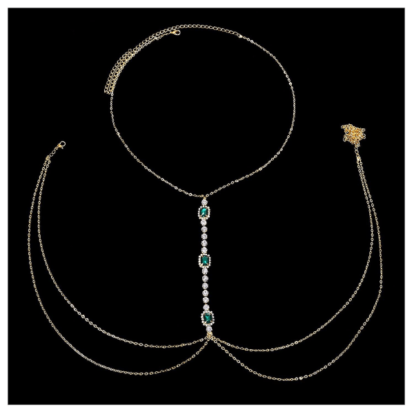 Sexet grøn krystal kropssele Kæde BH smykker Rhinestone BH Chain Halskæde Flerlags talje mavekæde til kvinder (Rhinestone-guld)