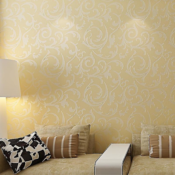 Lyxig Damask Tapet i Europeisk Stil, Non-Woven 3D, Enkel Präglad Väggrulle, Vertikal Sovrum Heminredning (Beige)